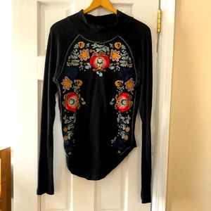 Free People Long sleeve Asymmetrical Embroidered Mock Neck Knit Top
